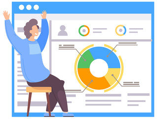 Fototapete - Office work management vector illustration. Sectorized pie chart on background. Man happily raises his hands up. Work with statistics indicators and data analysis. The guy studies graph and rejoices
