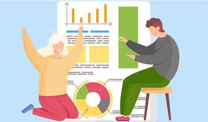 Fototapete - Guy picks up green chips. Joyful girl sits on her knees and raises hands. Couple sitting and communicating together. Work with statistics and business anatytics. Office work management. Data analysis