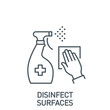 sprayer bottle with spray drops of antiseptic or disinfectant liquid single line icon isolated on white. outline icon symbol Coronavirus Covid 19 banner disinfect surface element with editable Stroke