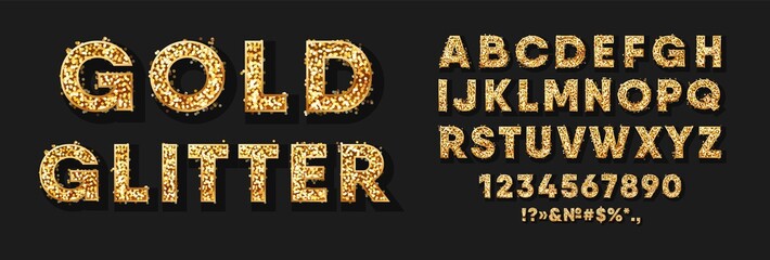 Gold glitter alphabet, numbers and signs. Text sparkles in bold gold letters. Collection of capital letters and punctuation marks for holiday. Set of metallic shiny elements. Vector stock illustration