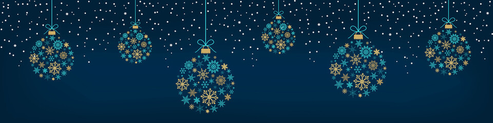 Wall Mural - Greeting card with hanging Christmas balls made from turquoise and gold snowflakes nd snow on dark background. New year them. Vector illustration