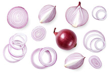 A Set Of Red Onions Whole And Sliced, Cut Out.  Top View.