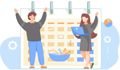 Fototapete - Man and woman happily raising hands up. Timetable or calendar on the background. The guy is happy with a plate of sweets. Female character is standing with laptop and looking at a schedule on the wall