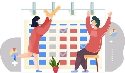 Fototapete - Girl is standing with a check mark. Man happily raising his hands up. Timetable or calendar on the background. Office work management. Couple is communicating and spending time together at home