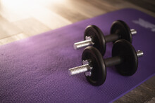 Dumbbells On Purple Mat In Living Room. Workout At Home
