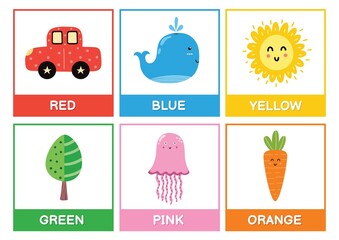 Wall Mural - Flashcards with main colors - red, blue, yellow, green, pink, orange. Learn colours educational poster for kids