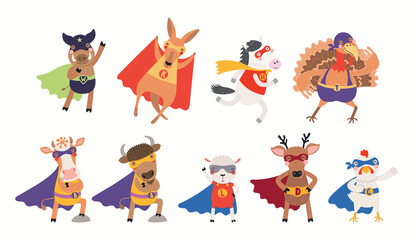 Cute animal superheroes big clipart collection, in masks, capes, flying. Isolated objects on white background. Hand drawn vector illustration. Scandinavian style flat design. Concept for kids print.