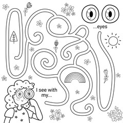 Wall Mural - Five senses maze game for kids. I can see with my eyes black and white labyrinth activity page