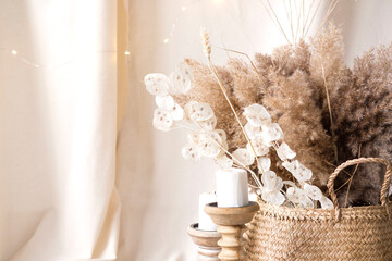 Pampas grass and lunaria are collected in a bouquet for room decor. Bouquet of dried flowers. Floral minimal home interior boho style. Boho style holiday photo zone decor