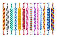 Vector Set Of Multi-colored Handmade Hippie Friendship Bracelets Of Threads Isolated On White Background.