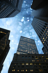 Aufkleber - Beautiful winter snowfall sky seen through rising skyscrapers in downtown Manhattan, New York, NY, USA.