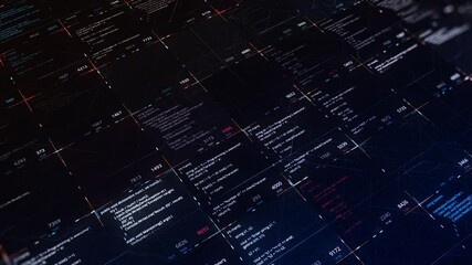 Multiple source codes on digital background. Animation. Program codes in cells of computer's digital table. Software with lot of changing data in codes