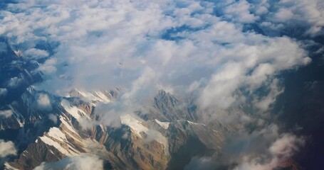 Wall Mural - Himalayas high mountain range view in the window of an airliner at cruising altitude, peaks with snow