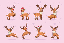 Set Of Cartoon Deer Wearing Winter Hat In Various Poses And Expressions