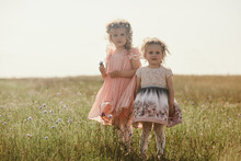 Portrait Of Two Sisters With Bouquets Of Wildflowers. On A Warm Day, Two Girls In Dresses. Cheerful Little Daughters Are Having Fun In The Meadow On Summer Day