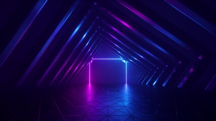 Poster - seamless animation of 3d abstract background with rotating corridor room walls. pink blue neon light