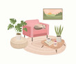 Modern home interior with armchair,  coffee table, rug, house plants. Cosy living room vector illustration	