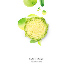 Wall Mural - Creative layout made of green cabbage with watercolor spots on the white background. Flat lay. Food concept.