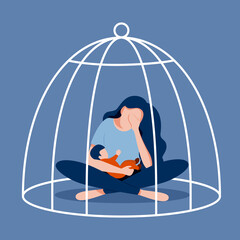 Exhausted mother and baby in cell. Postnatal depression. Postpartum depression. Vector illustration in flat style.