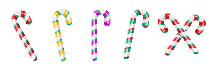 Christmas candy canes set isolated on white background. Xmas Stripped cartoon lolipops collection. Vector candy cane