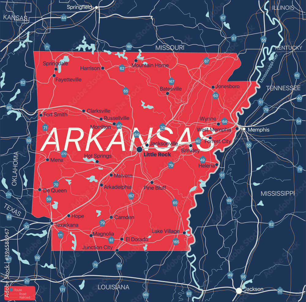Arkanzas state detailed editable map with with cities and towns ...