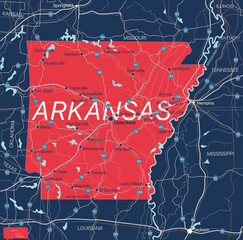 Wall Mural - Arkanzas state detailed editable map with with cities and towns, geographic sites, roads, railways, interstates and U.S. highways. Vector EPS-10 file, trending color scheme