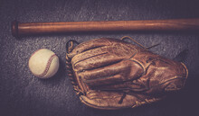 Vintage Old Baseball Glove Vith Ball And Bat