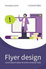 Wall Mural - lecturer talking during online webinar. teacher, monitor, book flat vector illustration. education a
