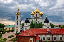 DMITROV, RUSSIA - MAY 12 2019: Cathedral Of Assumption Of Blessed Virgin Mary Is An Orthodox Church. Temple Is Located In Ancient Russian Fortress Of Kremlin Of XII Century