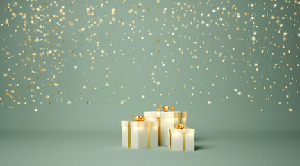 Glowing gift boxes and gold stars on green background