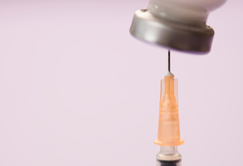 Wall Mural - medical syringe cannula with vaccine vial, lilac background. macro