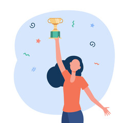 Wall Mural - happy woman holding golden cup. gold, winner, prize flat vector illustration. competition and champi