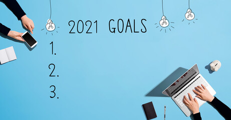 Poster - 2021 goals with people working together with laptop and phone