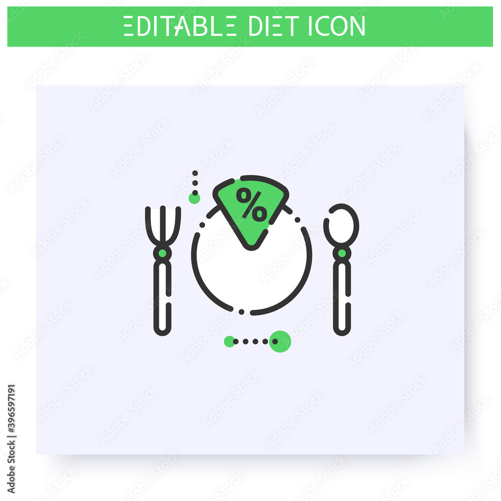 Nutrition diagram line icon.Serving size. Diet. Weight loss. Portion control. Healthy eating. Dietary nutrition. Calorie count. Slimming concept. Isolated vector illustrations. Editable stroke 