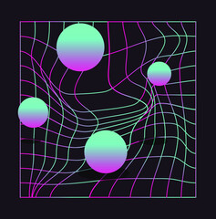 Poster - Surreal background with spheres and laser grid. Synthwave and vaporwave aesthetics of 80's and 90's.