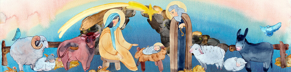 Christian nativity scene border on blue watercolor background. Virgin Mary, Jesus Christ, Joseph, sheep, animals in the cave, Bethlehem star. For Merry Christmas greeting cards, Christian publication