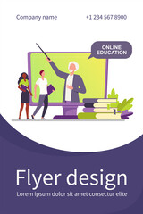 Wall Mural - tiny people listening lecturer on computer screen. book, student, teacher flat vector illustration. 