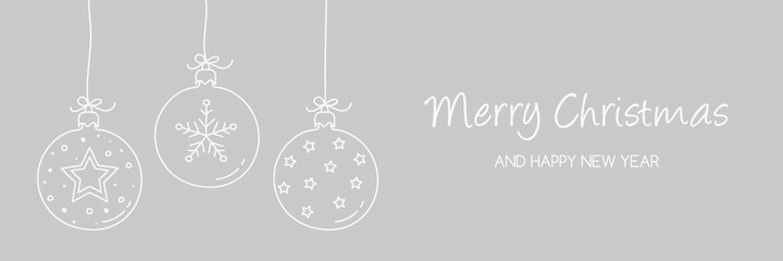 Wall Mural - Christmas banner with hanging baubles with decorations. Vector