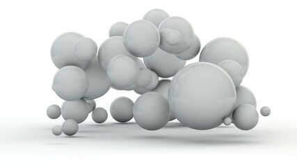 Poster - 3D animation of chaotic, pulsed movement of many spheres of different sizes, white on a white background. Abstract loop animation, background screen saver, chaos design.