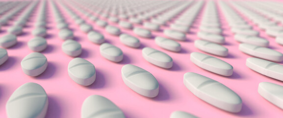 Wall Mural - Repeated white tablets on pink background, 3d illustration. Pill pattern on pastel colored backdrop. Concept for pharmaceutical industry.