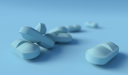 Wall Mural - Close up of light blue medical tablets isolated on blue background, 3d illustration. Pharmaceuticals therapy concept.