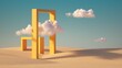 canvas print picture - 3d render, Surreal desert landscape with white clouds going into the yellow square portals on sunny day. Modern minimal abstract background
