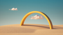 3d Render, Surreal Desert Landscape With Yellow Arch And White Clouds In The Blue Sky On Sunny Day. Modern Minimal Abstract Background