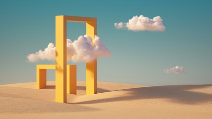 3d render, surreal desert landscape with white clouds going into the yellow square portals on sunny 