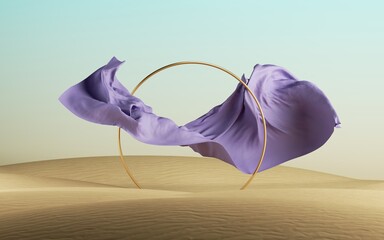 3d render, abstract fashion background with violet falling drapery and golden round frame on a desert landscape, modern minimal concept
