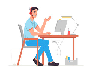Poster - Call center operator or specialist at helpdesk or hotline talking to client using headphones with microphone. Man working in office or home, consulting. Cartoon character, vector in flat style