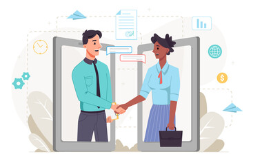 Aufkleber - Business deal of partners done in internet, online communication of employee and boss. People using websites and web to cooperate. Working on business development together. Vector in flat style