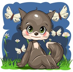 Little Kitten. Kitty cub. Cute funny animal on the background of a summer blooming meadow. Child. Cartoon style. Isolated on white. vector