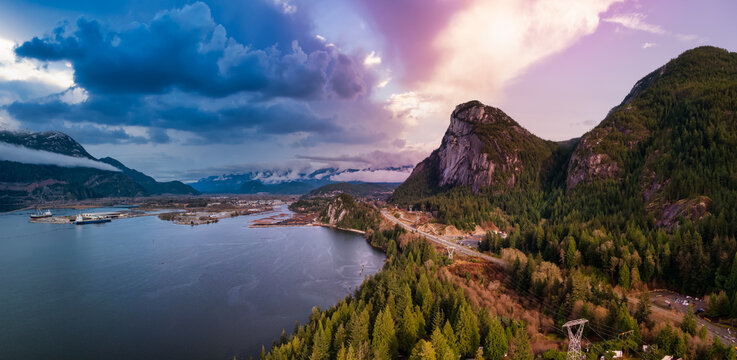 aerial panoramic view of sea to sky highway with chief mountain in the background. colorful sunrise 