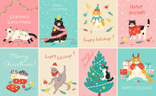Set Of Vector Templates For A Card, Poster Or Banner. Collection Of Cats Celebrating Christmas And Winter Holidays With Cheerful Greetings. Illustration In Trendy Hand Drawn Style.